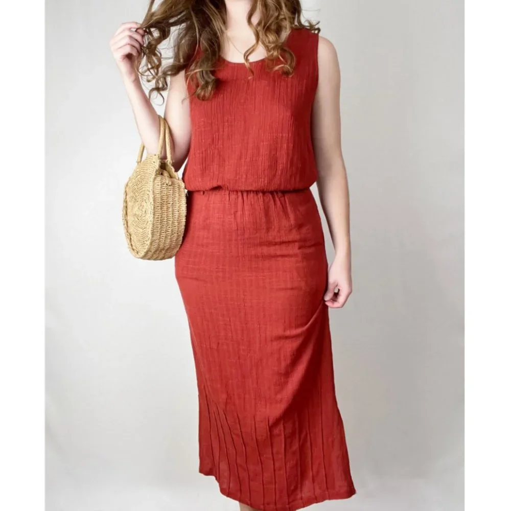 Vintage Linen Matching Skirt Set Midi Maxi Tank Top Tunic Blouse Pleats Bohemian - Picture 6 of 6